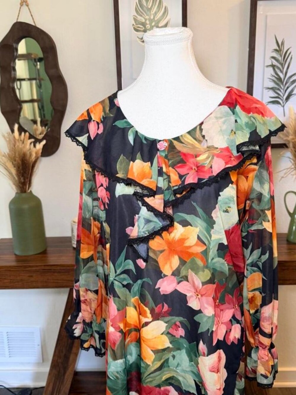 Featherbed Intimate Sheer Black Floral Mesh Blouse Lace Trim Layering Top M